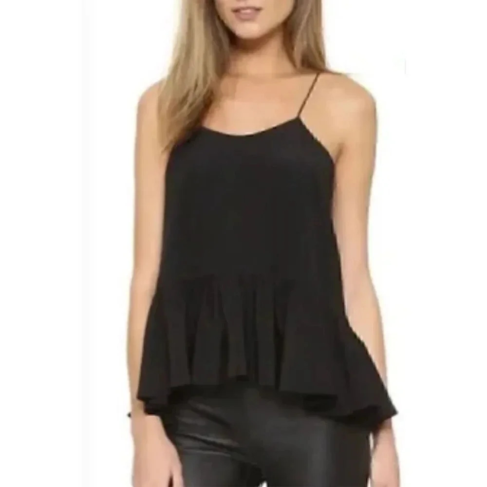 Tibi 100% Silk Ruffle Peplum Black Cami Tank Top Size 00 XXS